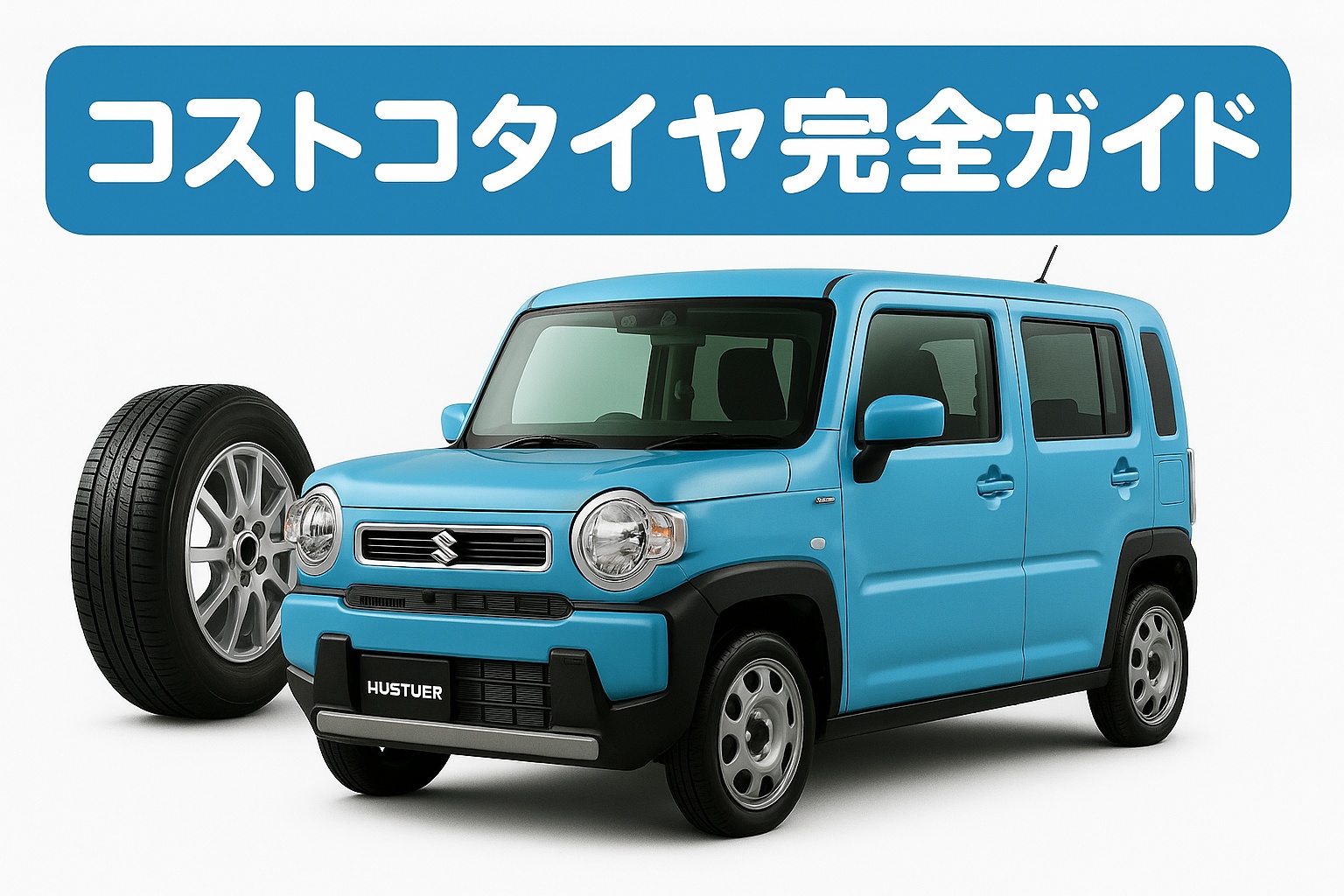 コストコタイヤ完全ガイド。青いスズキ・ハスラー風の軽自動車